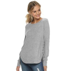 NWT Juniors' SO Gray Marl Lace Up Cozy Long Sleeve Top